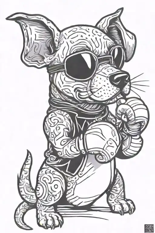 Illustrative Blackwork Tattoo Of A Dog Wearing Boxing Gloves And Vaping