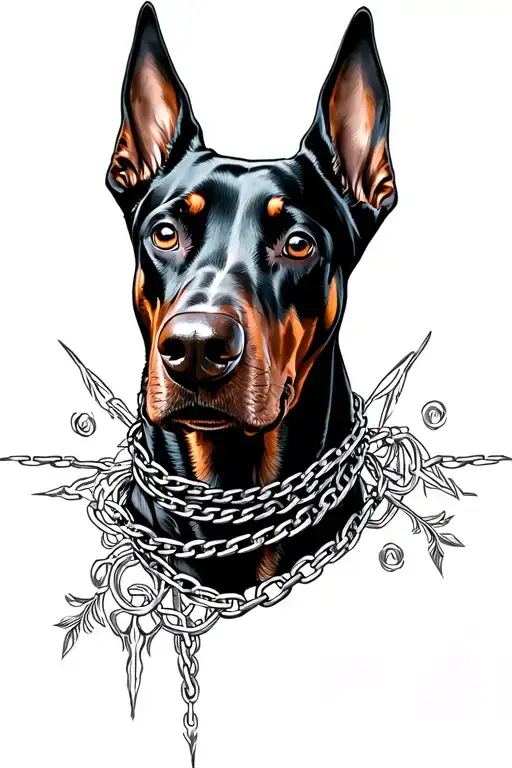 Doberman Dog Head With Cross Chain Wrapped Ears Stright