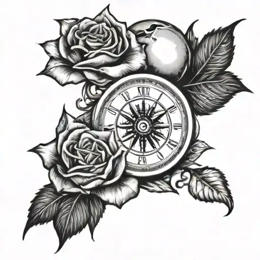 Rose With Compass And Skull With Clock