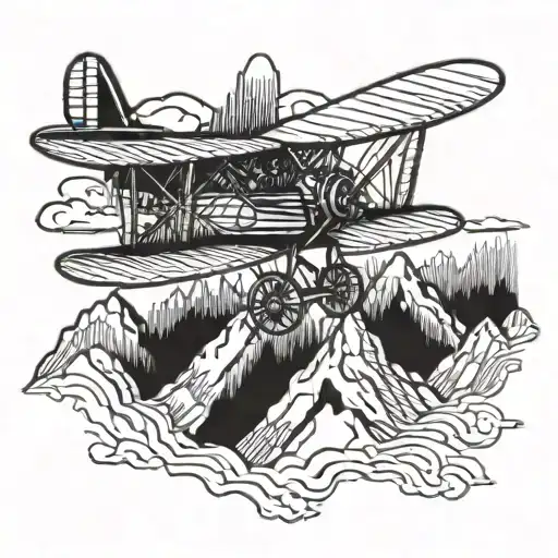 A Vintage-inspired Design Of A Biplane Soaring Over A Mountain Range