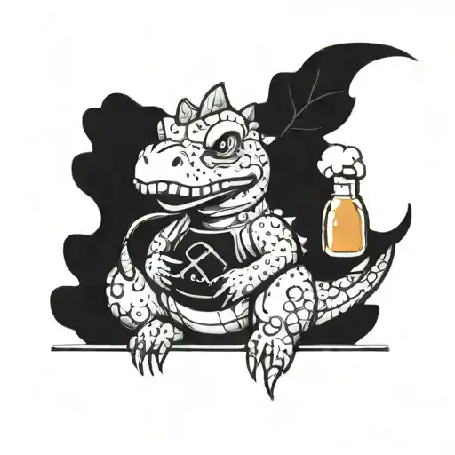 Cartoon Cute Fat Dinosaur Sitting And Holding A Beer Glass