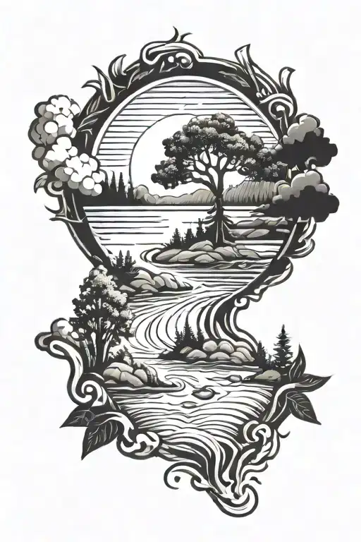 River Flowing With Big Sun Rays And Little Trees