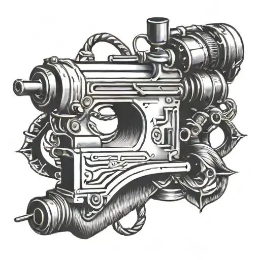 A Sewing Needle Intertwined With A Machine Gun