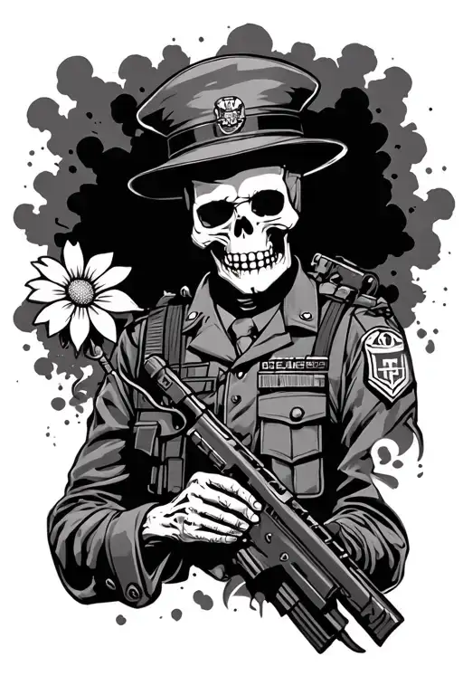 Tactical Skeleton In A Military Uniform With A Flower In His Hands On The Background Of An Explosion