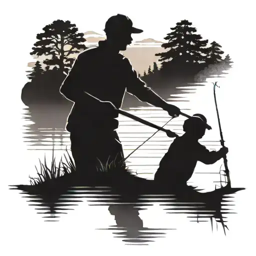 A Silhouette Of A Father And Son Fishing Together On A Serene Lake