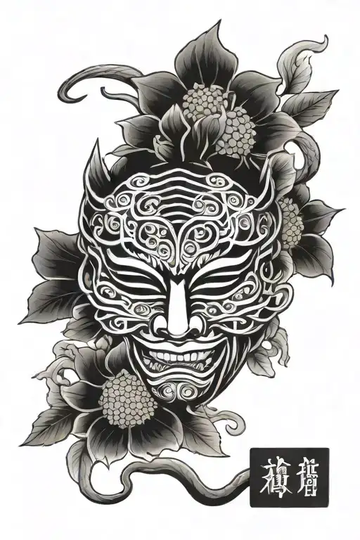 Japanese Mask With Snake Behind And Chrysanthemum Leaves