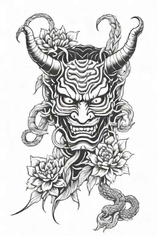 Hannya Mask With Snake Behind And Chrysanthemum Leaves Tattoo Sketch