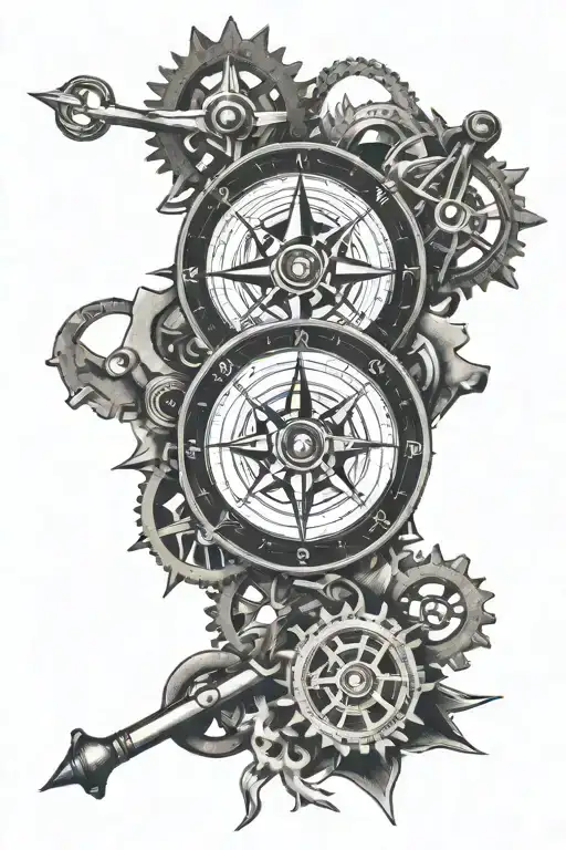Nautical Compass Intertwined With Mechanical Gears
