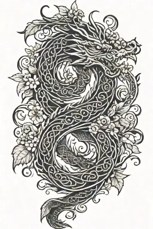 A Celtic Dragon Intertwined With Floral Vines