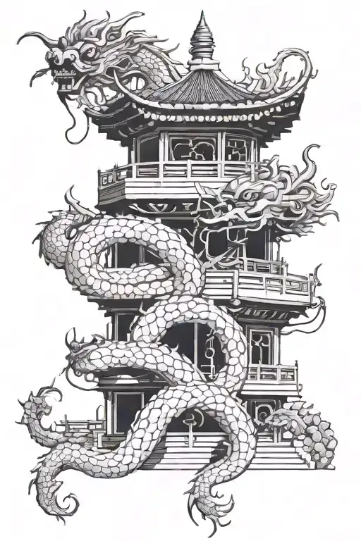 A Chinese Dragon Wrapped Around A Pagoda Adorned With Arabic Symbols
