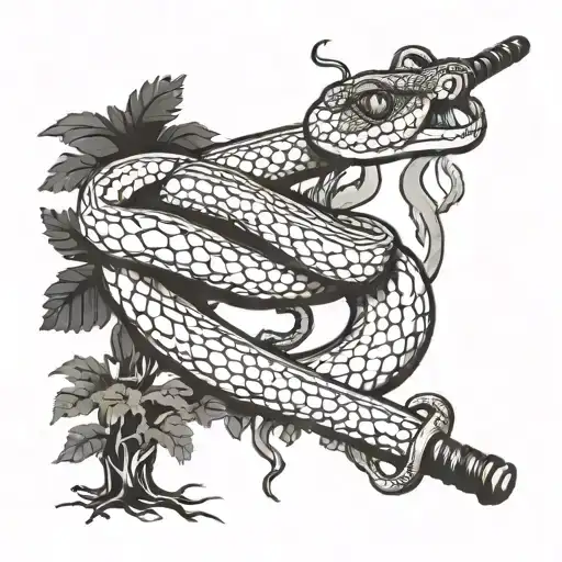 A Ball Python Coiled Around A Katana Sword In A Forest Setting
