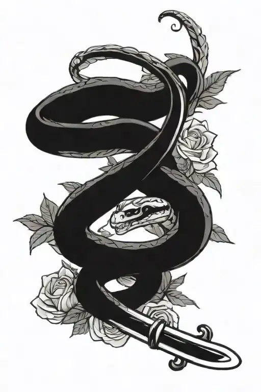 A Ball Python Coiled Around A Katana With Roses Surrounding The Blade