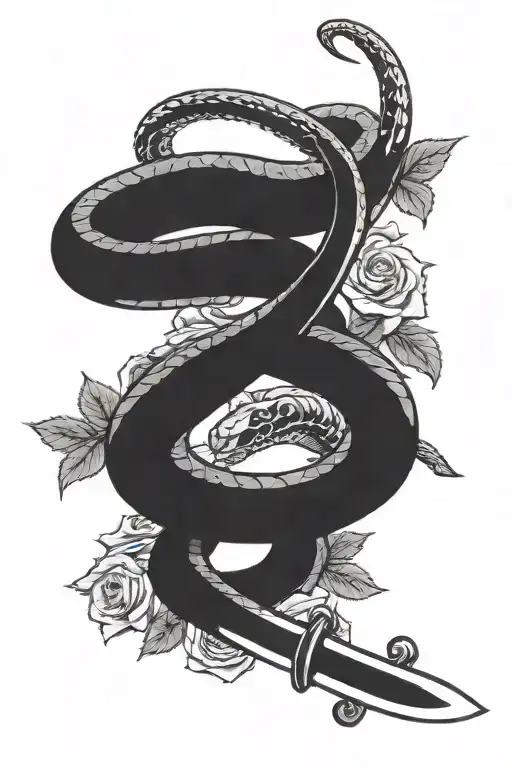 A Ball Python Coiled Around A Straight Katana With Roses Surrounding The Blade