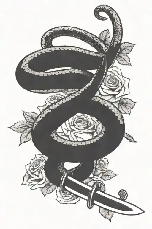 A Ball Python Coiled Around A Straight Katana With Roses Surrounding The Blade