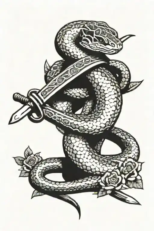 A Ball Python Coiled Around A Straight Katana With Roses Surrounding The Blade