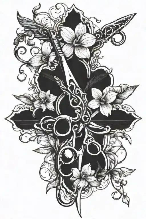 A Blackwork Tattoo Of A Hairdressing Scissors With A Fishing Hook And Orchid Accents
