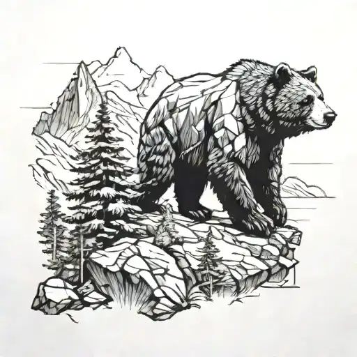 A Futuristic Sci-fi Scene Of A Bear Hiking In The Rocky Mountains
