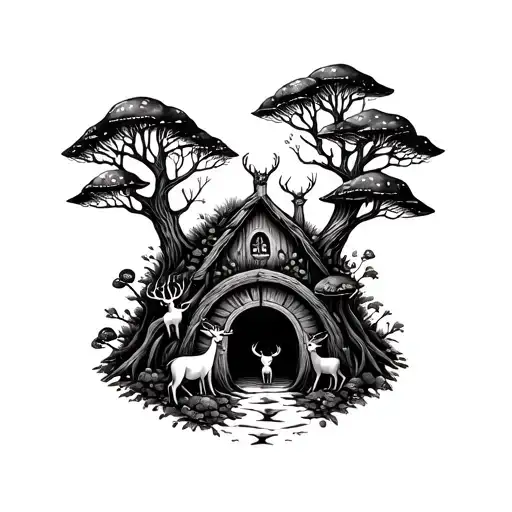 Tall Trees With Deer And Mushrooms Around A Hobbit Hole