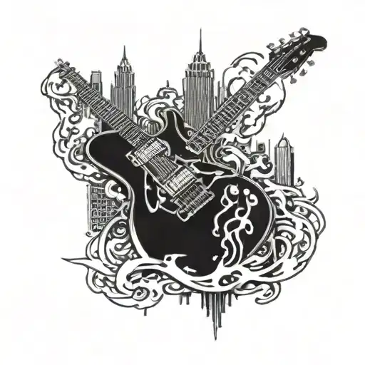 A Heavy Metal Music Inspired Tattoo Featuring A Guitar Shredding Through A Cityscape