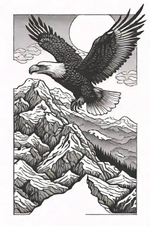 A Detailed Blackwork Tattoo Of A Majestic Eagle Flying Over A Mountain Landscape