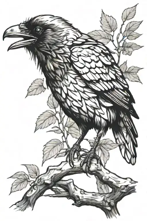 Black And White Raven Drawing On A Branch Realistic Style