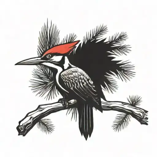 Pileated Woodpecker Wearing A Crown On Pine Branch