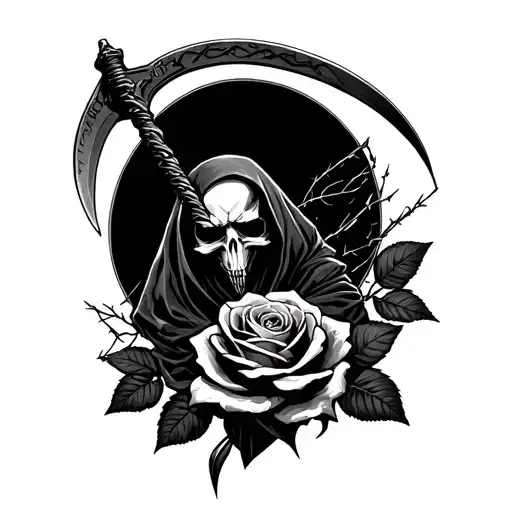 Reaper Holding A Scythe And A Barb Wire Rose Surrounding It
