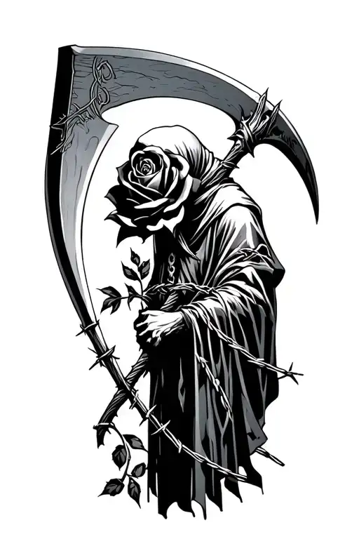 Reaper Holding A Scythe With A Black Rose Wrapped In Barbed Wire