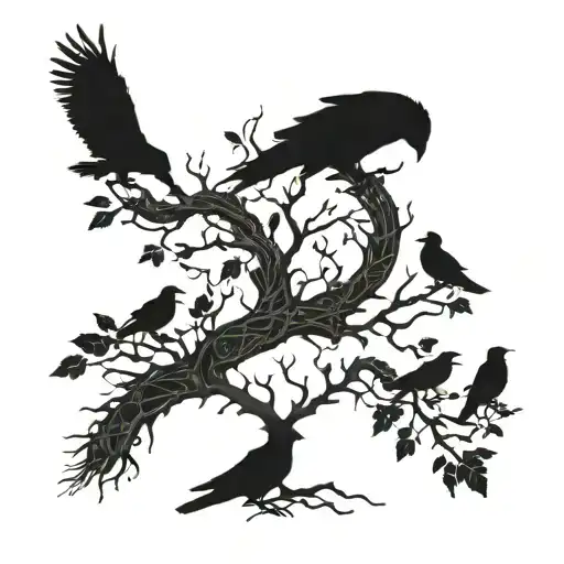 A Majestic Tree Intertwined With Intricate Nordic Symbols And Surrounded By A Murder Of Crows