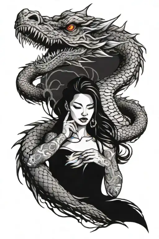 Woman Taming Big Dragon Fantasy World