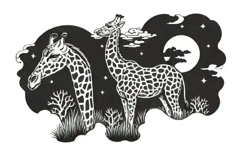 Giraffe Walking With A Crescent Moon In The Sky Full