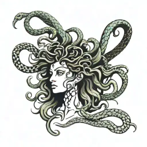 Medusa Mostly Black But Snakes Lightly Florescent Bright Color Lines