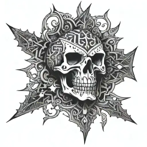 Create A Lok'tar Ogar Tattoo With A Skull Motif And Intricate Geometric Patterns