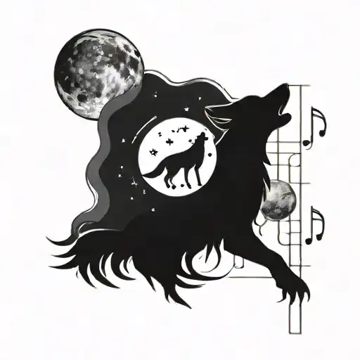 A Cosmic Wolf Howling At The Moon With Musical Notes Floating Around It