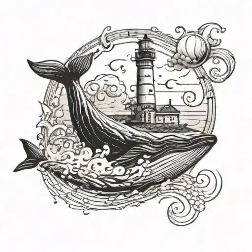 A Majestic Whale Swimming Around A Lighthouse With Musical Notes Floating In The Background