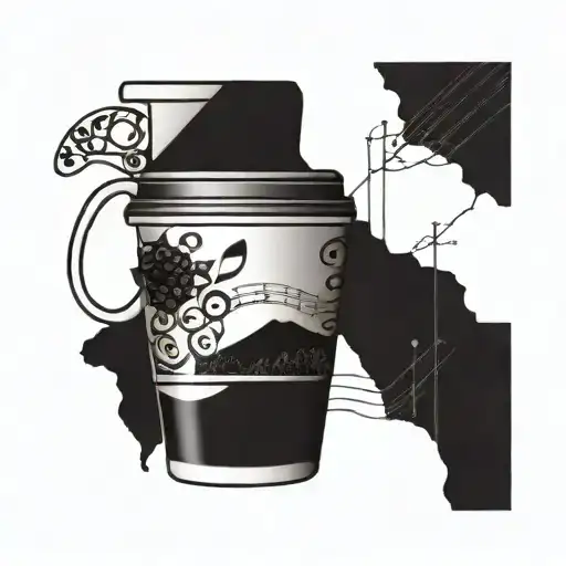 A Coffee Cup Filled With Musical Notes And A Vineyard Landscape In The Background