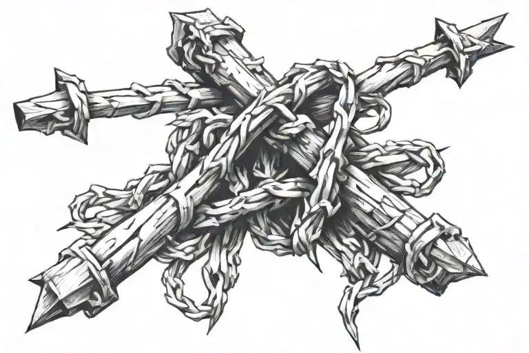 Barbed Wire With Cross Intertwined Wrapped Around Bicep Right Below The Shoulder