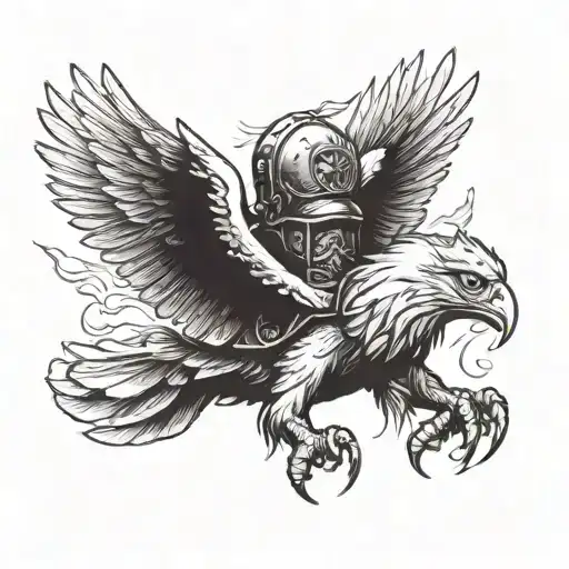 White Eagle Flying With A Poached Helmet While's Holding A Burning Polish Flag In His Feet With