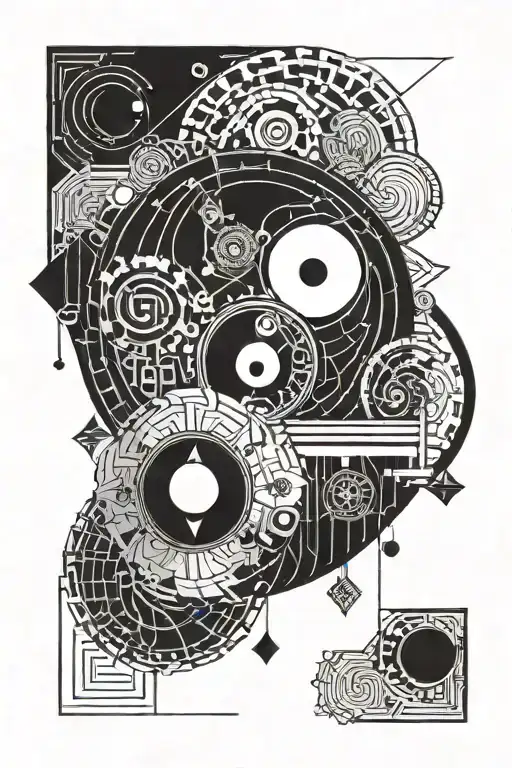 A Geometric Design Featuring A Yin Yang Symbol And Architectural Elements Inspired By Video Games