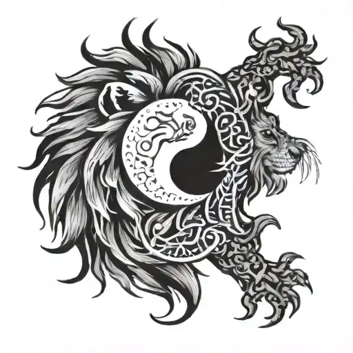 A Lion And Sun Intertwined In A Yin-yang Symbol With Artistic Brush Strokes