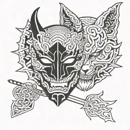A Tattoo Of Half Oni Mask And Half Kitsune Mask Slashed And Seperated By Katana