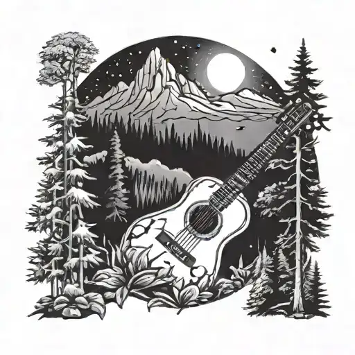 A Guitar Surrounded By A Forest At Night With A Mountain Backdrop