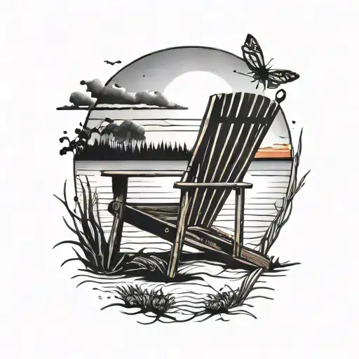 A Beach Chair With A View Of A Sunset And Fireflies Dancing Around