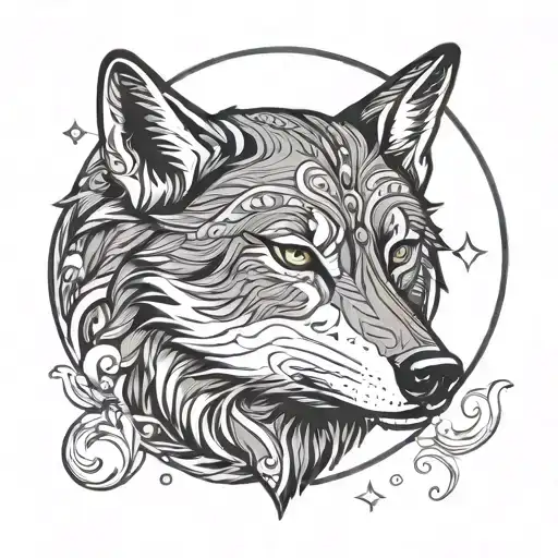 Wolf Head With Crescent Moon Behind