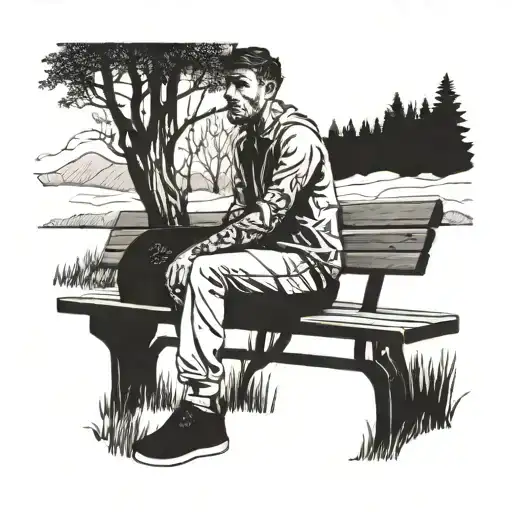 Surreal Tattoo Of A Lonely Man Sitting On A Bench In Front Of A Forest In The Background