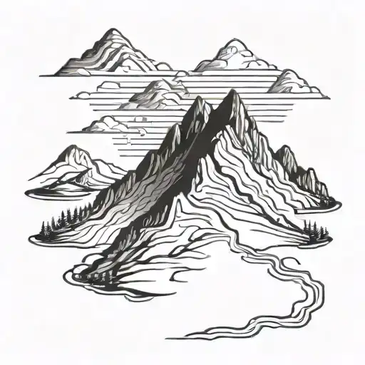 A Detailed Blackwork Tattoo Of A Mountain Range With A Winding Hiking Trail Leading Up To The Summit