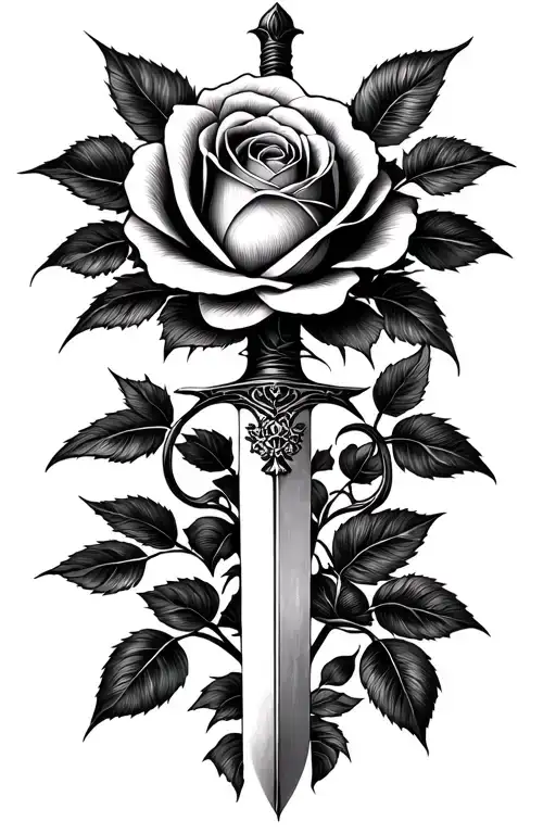 A Beautiful Hybrid Tea Rose Intertwined With A Jian Sword