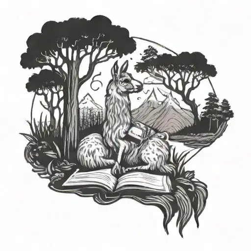 A Mystical Llama Reading A Book In A Serene Forest Setting