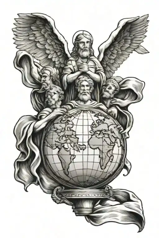 Trophy With Three Saints Holding Up The Globe With The Words Us Against The World Over The Globe