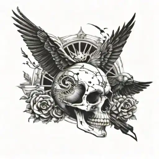 Illustrate A Bird Flying Out Of A Skull Surrounded By Musical Symbols
